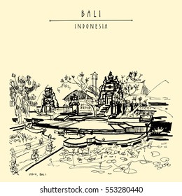 Pura Taman Sari, Balinese Hindu temple in Ubud, Bali, Indonesia, Southeast Asia. Hand drawing. Travel sketch. Book illustration, postcard or poster in vector