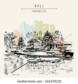 Pura Taman Sari, Balinese Hindu temple in Ubud, Bali, Indonesia, Southeast Asia. Hand drawing. Travel sketch. Book illustration, postcard or poster in vector