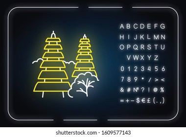 Pura tanah lot temple in Bali neon light icon. Indonesian touristic destinations and religious places. Hinduist temple. Glowing sign with alphabet, numbers and symbols. Vector isolated illustration
