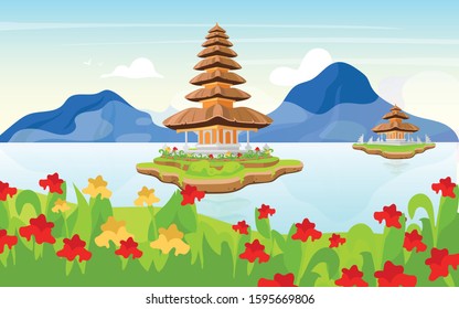 Pura Ulun Danu Bratan flat vector illustration. Hindu Shaivite water temple on Bali. Indonesia traditional architecture. Temple complex. Religious building on lake by day cartoon background