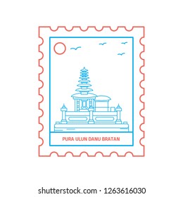 PURA ULUN DANU BRATAN postage stamp Blue and red Line Style, vector illustration