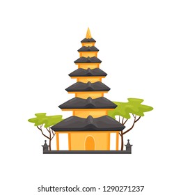 Pura Ulun Danu Bratan temple. Indonesian landmark in Bali. Historical building. Travel to Asia. Flat vector design