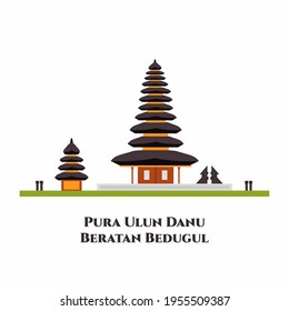 Templo de Pura Ulun Danu Bratan en un lago Beratan. Punto de referencia indonesio en Bali. Edificio histórico. Un lugar de oración en el hinduismo. Viajes a Asia. Ilustración de dibujos animados de diseño de vector plano