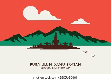 Pura Ulun Danu Bratan Temple Illustration from Bedugul Bali Indonesia with Mountain Landscape and Red Sky