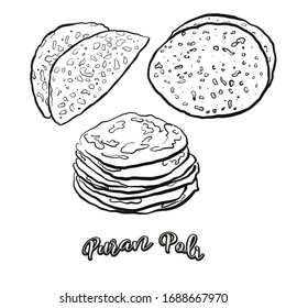 Puran Poli food sketch separated on white. Vector drawing of Flatbread, usually known in India. Food illustration series.