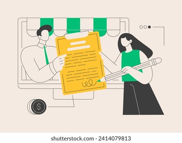 Purchase agreement abstract concept vector illustration. In-app purchase, buying process, legal document, personal property, terms and conditions, product price, business deal abstract metaphor.