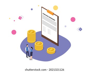 Concepto vectorial de acuerdo de compra. Dos hombres de negocios que dan la mano con el formulario de contrato de compra y la moneda en segundo plano