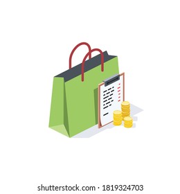 Purchase, bag, document plan money coins. Vector 3d isometric, color web icons set, new flat style. Creative illustration, idea for infographics.
