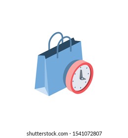 Purchase bag package, time, watch. Vector 3d isometric, color web icon, new flat style. Creative illustration design, idea for infographics.