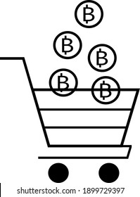 Purchase of Bitcoin currency. Bitcoin and shopping carts in a flat design. Vector illustration isolated on a white background.
