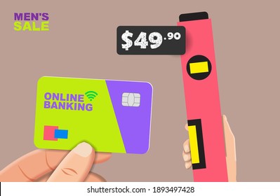 Purchase of a building level with a bank card. Vector banner