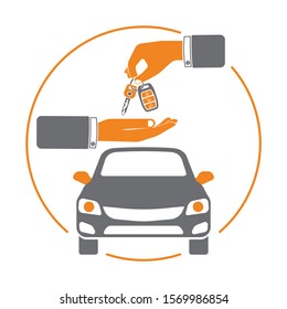 Purchase, buy, sharing or rental car logo with flat icons. car dealer gives keys to buyer. isolated vector illustration