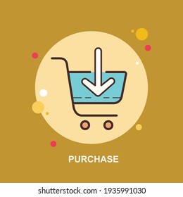 Purchase cart with download option on yellow background flat concept design