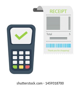 Purchase check. Check for payment in the store. Receipt from the store. Payment for the goods and issuing a check. Vector illustration.