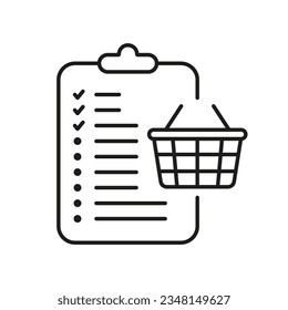 Purchase Checklist Line Icon. Grocery List to Buy Pictogram. Order List with Basket Outline Symbol. Procurement Checkout Sign. Online E-commerce Sale. Editable Stroke. Isolated Vector Illustration.