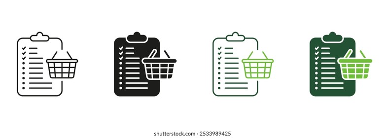 Línea de lista de comprobación de compra y conjunto de iconos de silueta. Lista de Comestibles para Comprar Pictograma. Lista de pedidos con símbolo de cesta. Signo de Completar compra de compras. Trazo Editable. Ilustración vectorial aislada.