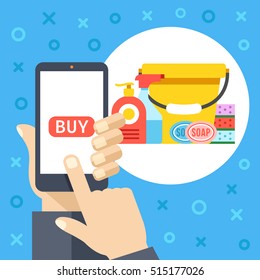 Purchase cleaning supplies and tools using mobile app. Smartphone screen with buy button and cleaning equipment. Modern concept for web banners, web site, infographics. Flat design vector illustration