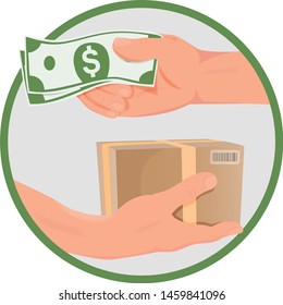 Purchase concept - two hands with money and box