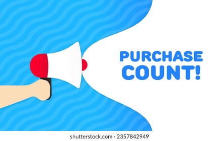 Purchase count icon. Flat, blue, purchase count, text from a megaphone, purchase count. Vector icon