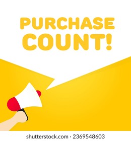 Signo de recuento de compras. Plano, amarillo, texto de un megáfono, signo de recuento de compras, número de compras. Ilustración del vector