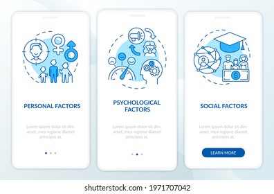 Purchase decision aspects onboarding mobile app page screen with concepts. Psychological factor walkthrough 3 steps graphic instructions. UI, UX, GUI vector template with linear color illustrations