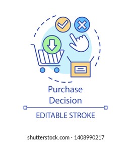 Purchase decision concept icon. Online shopping idea thin line illustration. Decision making, buying on internet vector isolated outline drawing. Digital purchase. Editable stroke