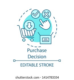 Purchase decision turquoise concept icon. Online shopping idea thin line illustration. Decision making, buying on internet vector isolated outline drawing. Digital purchase. Editable stroke