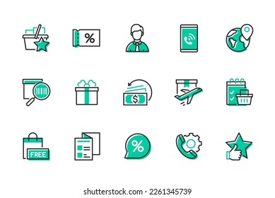 Purchase and delivery of goods - set of line design style icons isolated on white background. Quality images of discount, smartphone, worldwide shipping, gift box, barcode, star rating, best seller