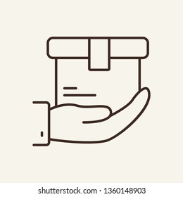 Purchase delivery line icon. Box, package on hand, parcel, courier. Shopping concept. Vector illustration can be used for service, shipment, logistics
