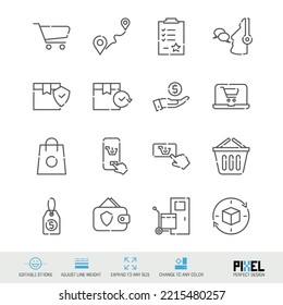 Purchase and delivery related vector line icon set isolated on white. Pixel perfect design. Editable stroke. Adjust line weight. Expand to any size. Change to any color.