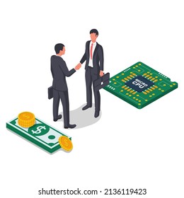 Purchase an electric board. Buy electronic chip. Two businessmen on  deal shake hands. Semiconductor shortage. Money for microchip. Vector illustration isometric design. Isolated on white background.