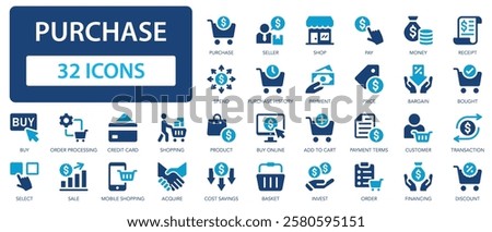 Purchase flat icons collection. Money, bargain, sale, transaction, buy, shop, payment, price, receipt, client, financing, delivery, credit sign set.