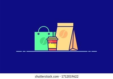 Purchase food and drinks, shopping bags icons in flat line style. Design concept of vector illustration isolated on color background for website and mobile apps. 