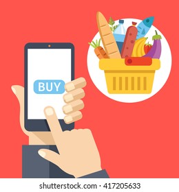 Purchase food using mobile app. Smartphone screen with buy button and supermarket basket full of food. Modern concept for web banners, web sites, infographics. Creative flat design vector illustration