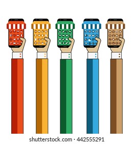 Purchase food using mobile app. Smartphone screen with button and supermarket basket full of food