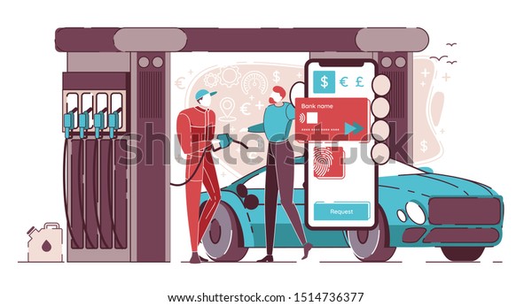 携帯電話の平型漫画のベクターイラストにクレジットカードを付けて燃料を購入 車の所有者が近くに立っている間 ガソリン スタンドで燃料を満タンにし 均一に車に詰め込む労働者 給油輸送 のベクター画像素材 ロイヤリティフリー