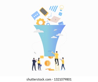 Purchase funnel flat icon. Team, gadgets, internet store, revenue. Business concept. Can be used for topics like sale, market, ecommerce