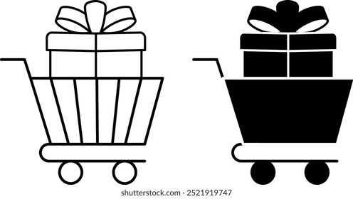 Comprar iconos de regalo. Iconos de vector blanco y negro. Carrito de compras y caja de regalo con arco. Festiva y concepto de compras
