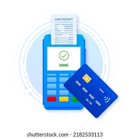 Purchase of goods and payment through the terminal. Credit card in the terminal and cash recipe. Vector illustration.