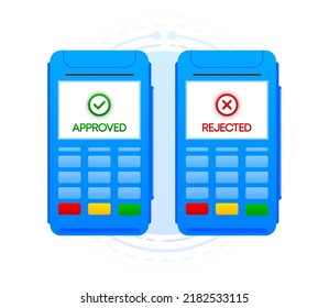 Purchase of goods and payment through the terminal. Payment passed or failed. Vector illustration.