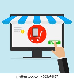 Purchase of goods through the Internet. Online purchase of a mobile phone on a computer monitor. Flat design, vector illustration, vector.