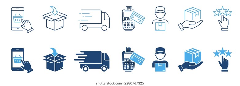 Guía de compra Blue Pictogram Set. Etapas de proceso de entrega de silueta e iconos de línea. Pedido en teléfono móvil, envío de paquetes, pago, icono de calificación. Stroke editable. Ilustración de vectores aislados.