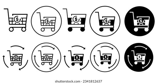 Purchase History symbol Icon. E commerce shopping cart bad store market retail shop empty basket with dollar sign vector set collection shows trolley of supermarket website button. Web app ui icon 