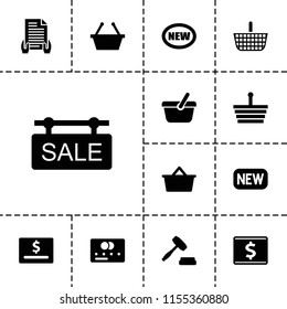 Purchase icon. collection of 13 purchase filled icons such as credit card, shopping basket, new, sale tag, auction, dollar card. editable purchase icons for web and mobile.