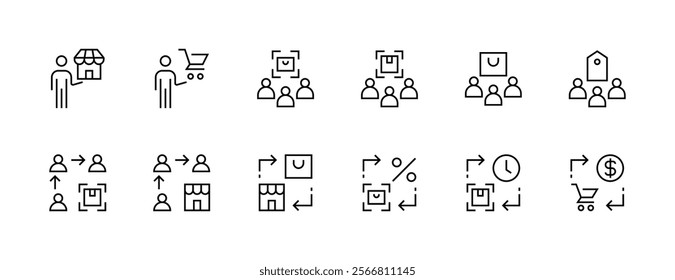 Purchase icon collection. Retail icon set. Store, shopping basket, wallet, sale, invoice, price tag, marketplace and more. Editable stroke. Pixel Perfect. Grid base 32px.