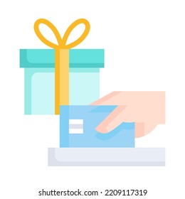 Icono de compra. Diseño plano. Mano del cliente que paga con tarjeta de crédito. Para presentación, diseño gráfico, aplicación móvil. Ilustración vectorial.