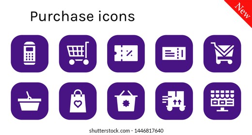 purchase icon set. 10 filled purchase icons.  Collection Of - Payment terminal, Shopping cart, Coupon, Ticket, Basket, Gift bag, Shopping basket, Trolley, Online shop
