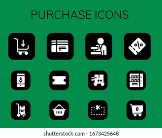 conjunto de iconos de compra. 12 iconos de compra rellenos.  Iconos modernos sencillos, como: Carrito de compras, tienda en línea, tranvía, boletos, cupón, cesta de compras, cajero automático