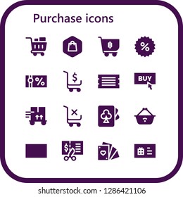  purchase icon set. 16 filled purchase icons. Simple modern icons about  - Shopping cart, Shopping, Coupon, Gift voucher, Ticket, Buy, Trolley, Cards, Shopping basket, Gift card