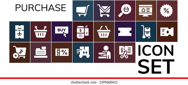 purchase icon set. 19 filled purchase icons.  Collection Of - Shopping cart, Ticket, Cashier, Gift voucher, Trolley, Voucher, Basket, Buy, Payment terminal, Shopping basket, Coupon